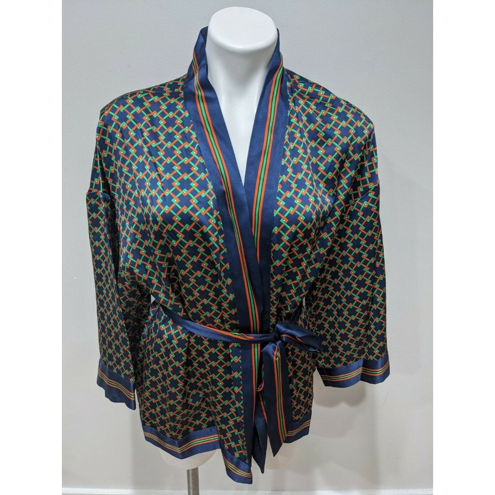 The J. Peterman Company Size XS Silk Kimono Cardigan Cover Up Geometric Belted